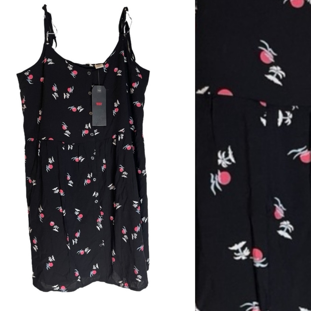 NWT: MINI Black Lined Dress with Pink Accent Tropical Pattern Size Large